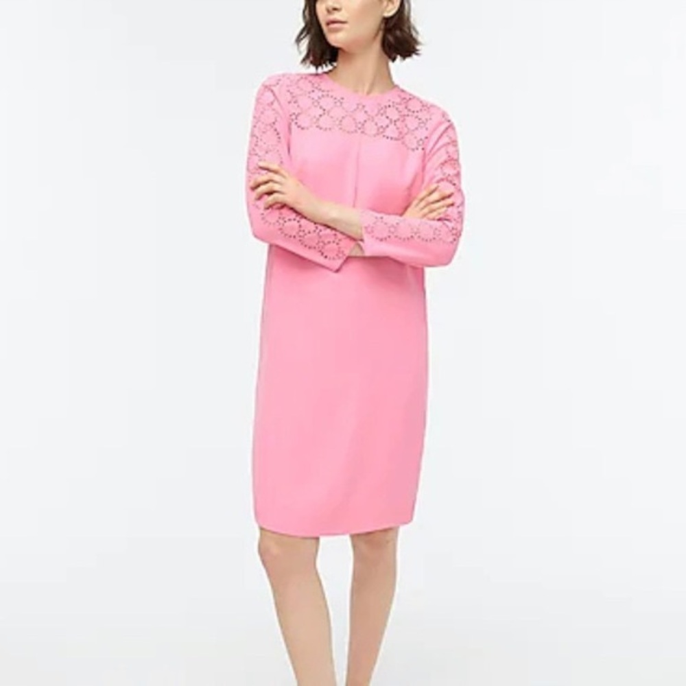 J Crew laser cut eyelet shift dress in 365 crepe long sleeves crew neck